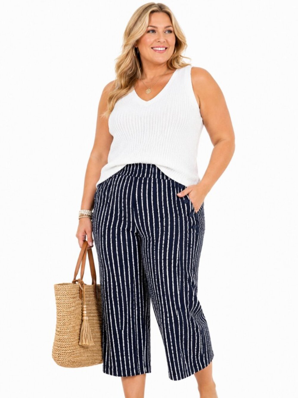 Allison Daley Navy White Striped Cropped Pants Size 18 Wide Leg Nautical Capri